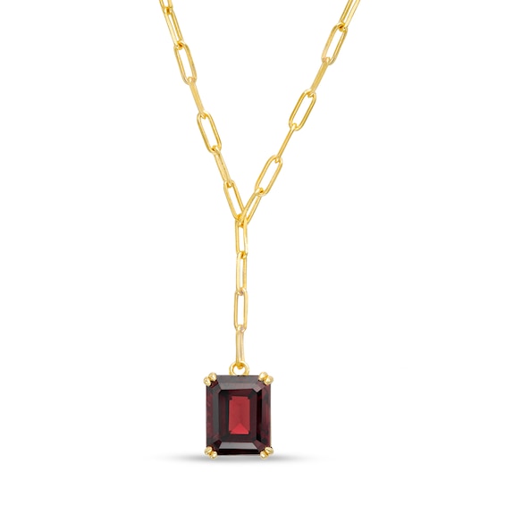 Emerald-Cut Garnet Solitaire Paper Clip Chain "Y" Necklace in Sterling Silver with 18K Gold Plate