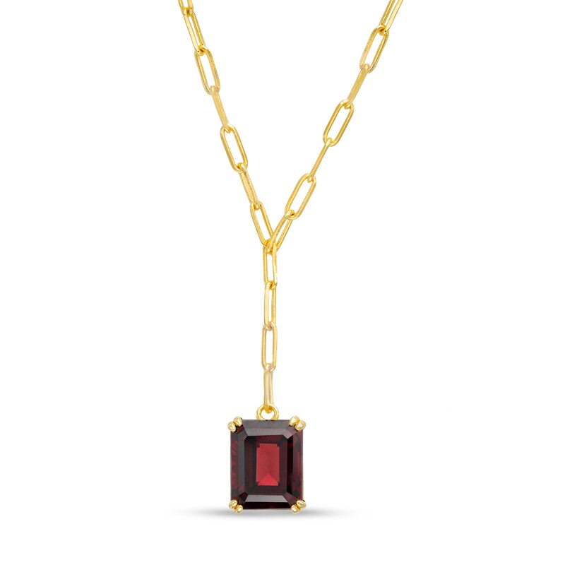 Main Image 1 of Emerald-Cut Garnet Solitaire Paper Clip Chain "Y" Necklace in Sterling Silver with 18K Gold Plate