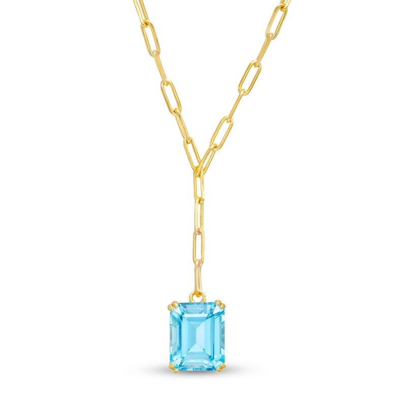 Main Image 1 of Emerald-Cut Swiss Blue Topaz Solitaire Paper Clip Chain "Y" Necklace in Sterling Silver with 18K Gold Plate