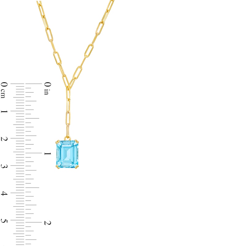 Main Image 3 of Emerald-Cut Swiss Blue Topaz Solitaire Paper Clip Chain "Y" Necklace in Sterling Silver with 18K Gold Plate