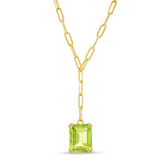 Emerald-Cut Peridot Solitaire Paper Clip Chain "Y" Necklace in Sterling Silver with 18K Gold Plate