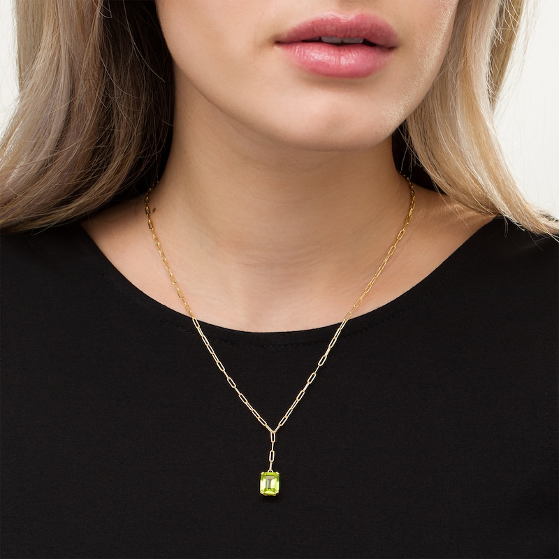 Main Image 2 of Emerald-Cut Peridot Solitaire Paper Clip Chain "Y" Necklace in Sterling Silver with 18K Gold Plate