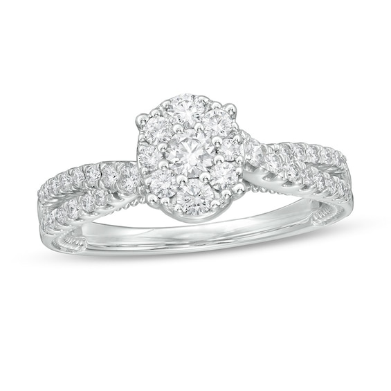 5/8 CT. T.w. Oval Multi-Diamond Crossover Shank Engagement Ring in 14K White Gold