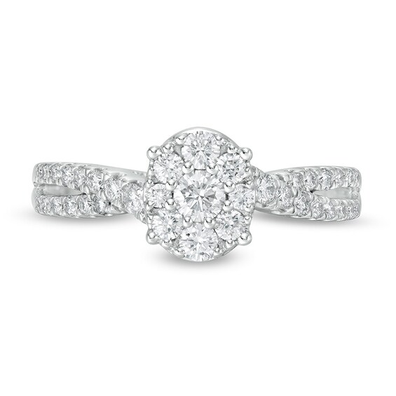 5/8 CT. T.w. Oval Multi-Diamond Crossover Shank Engagement Ring in 14K White Gold
