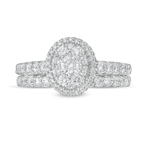 1 CT. T.w. Oval Multi-Diamond Frame Bridal Set in 14K White Gold