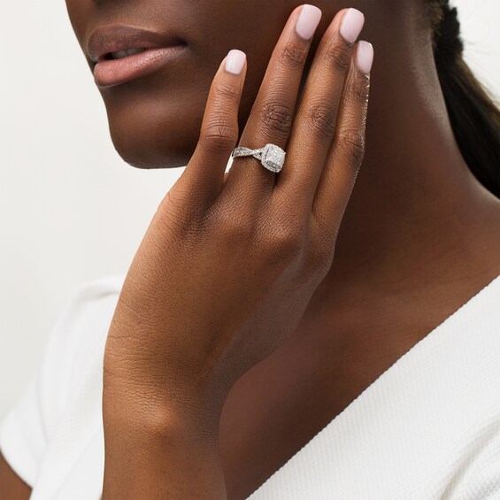 1-1/2 CT. T.w. Princess-Cut Quad Diamond Double Cushion Frame Engagement Ring in 14K White Gold