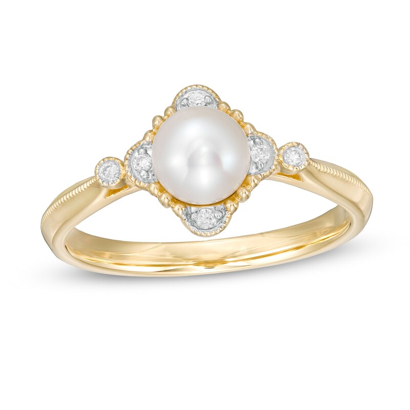 Main Image 1 of 5.5-6.0mm Freshwater Cultured Pearl and 1/20 CT. T.W. Diamond Ornate Frame Side Accent Vintage-Style Ring in 10K Gold