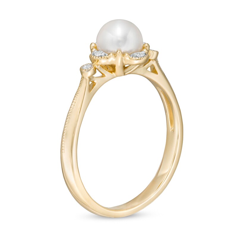 Main Image 3 of 5.5-6.0mm Freshwater Cultured Pearl and 1/20 CT. T.W. Diamond Ornate Frame Side Accent Vintage-Style Ring in 10K Gold