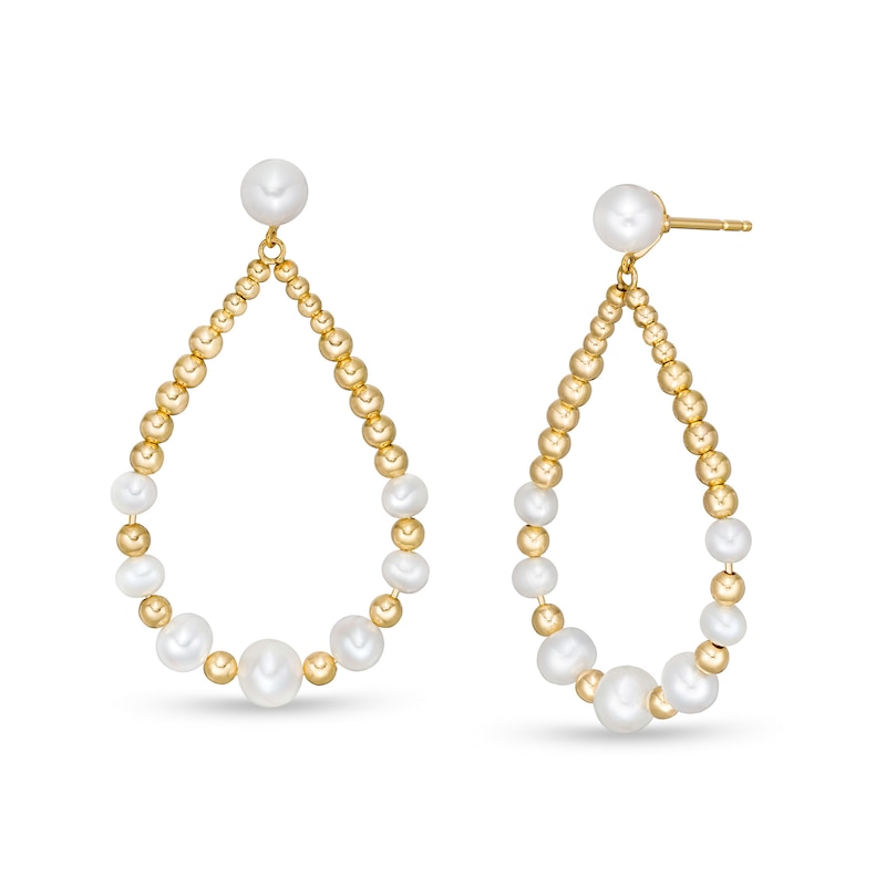 Cultured Freshwater Pearl and Bead Graduated Alternating Open Teardrop Earrings in Sterling Silver with 18K Gold Plate