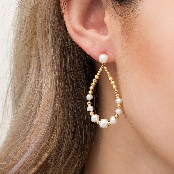 Freshwater Cultured Pearl and Bead Graduated Alternating Open Teardrop Earrings in Sterling Silver with 18K Gold Plate