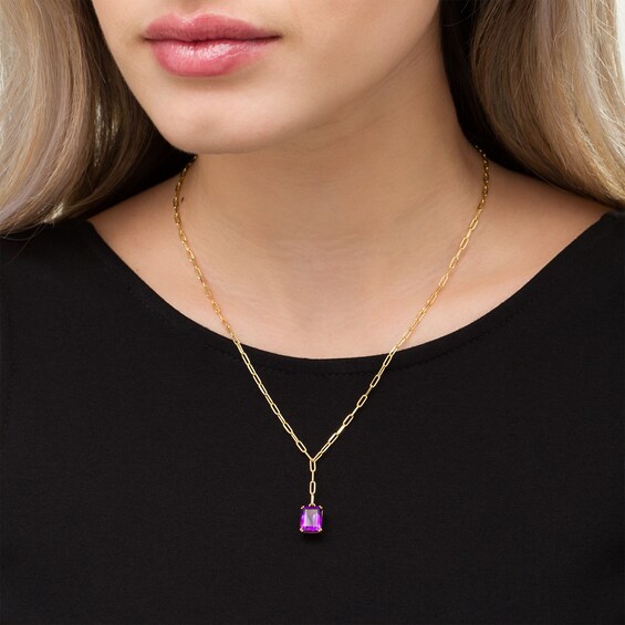 Emerald-Cut Amethyst Solitaire Paper Clip Chain "Y" Necklace in Sterling Silver with 18K Gold Plate