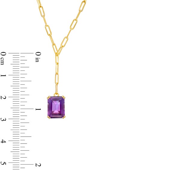 Emerald-Cut Amethyst Solitaire Paper Clip Chain "Y" Necklace in Sterling Silver with 18K Gold Plate