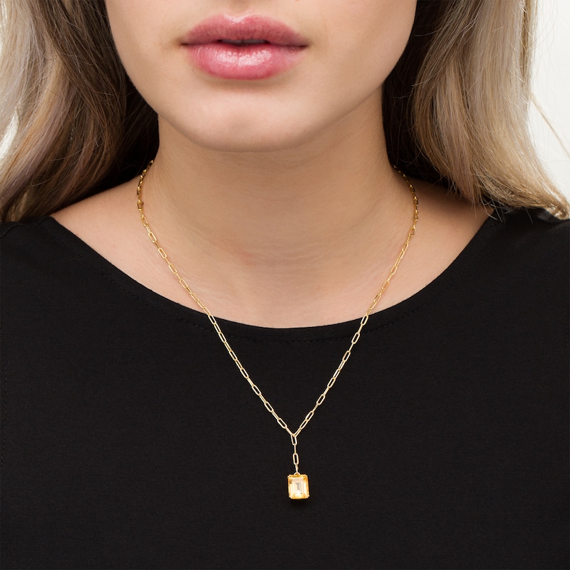 Main Image 2 of Emerald-Cut Citrine Solitaire Paper Clip Chain "Y" Necklace in Sterling Silver with 18K Gold Plate