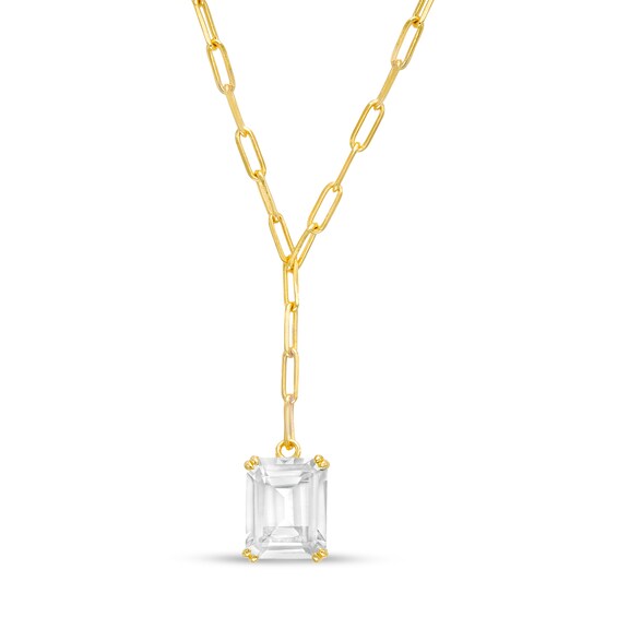 Emerald-Cut White Topaz Solitaire Paper Clip Chain "Y" Necklace in Sterling Silver with 18K Gold Plate