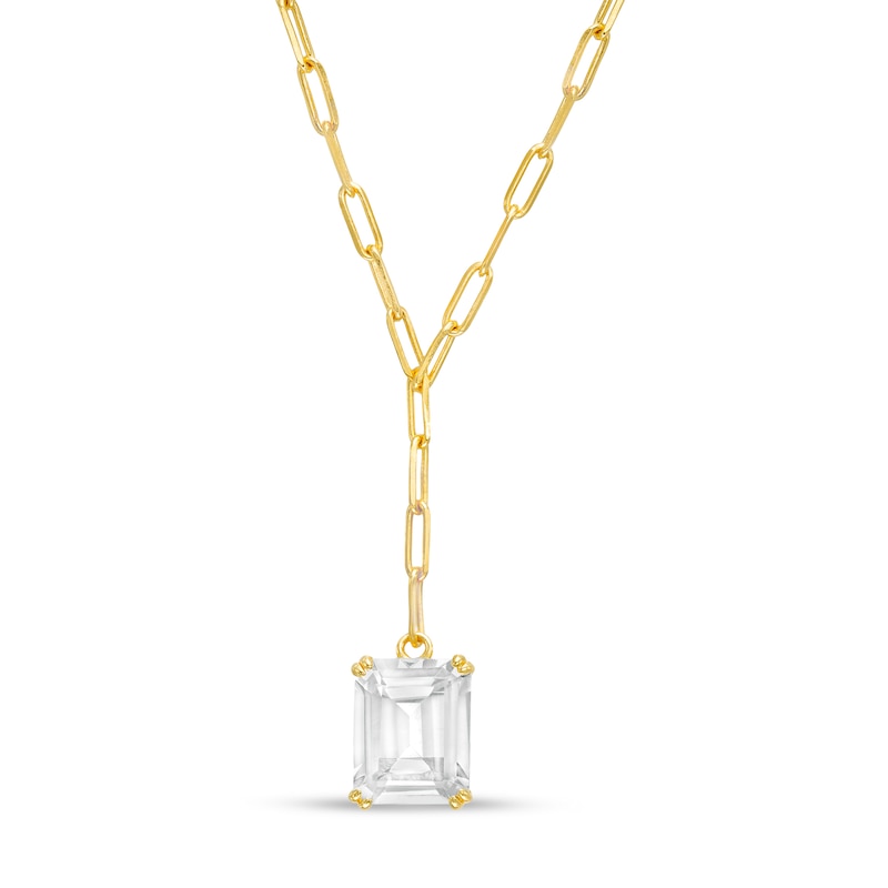 Main Image 1 of Emerald-Cut White Topaz Solitaire Paper Clip Chain "Y" Necklace in Sterling Silver with 18K Gold Plate