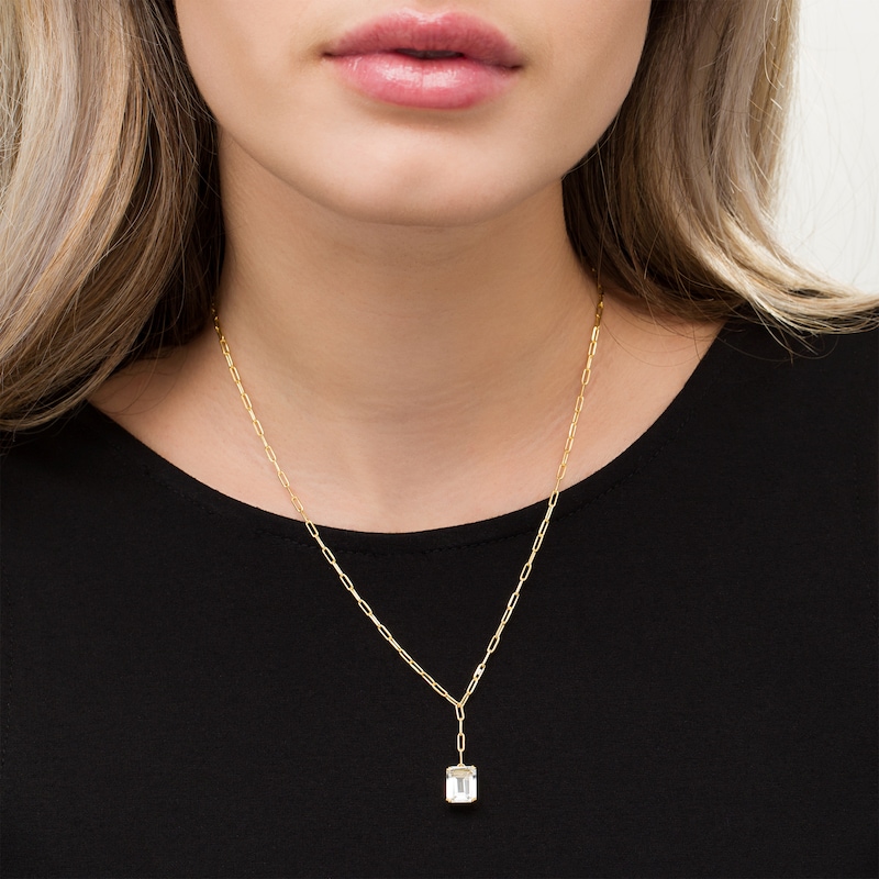 Main Image 2 of Emerald-Cut White Topaz Solitaire Paper Clip Chain "Y" Necklace in Sterling Silver with 18K Gold Plate