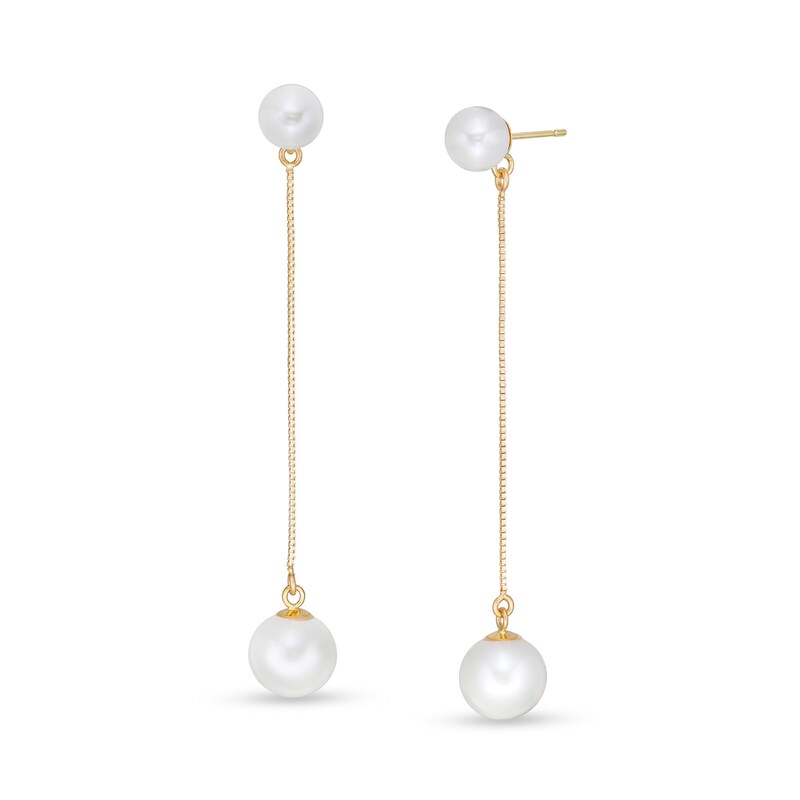 Main Image 1 of 5.0-8.5mm Freshwater Cultured Pearl Box Chain Drop Earrings in 14K Gold