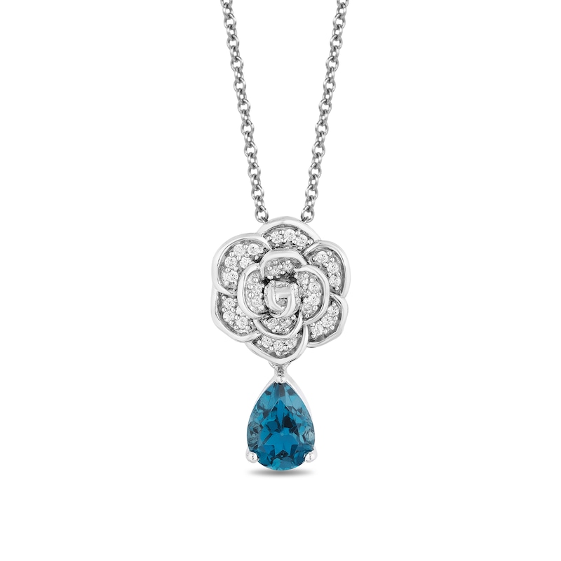 Enchanted Disney Cinderella Pear-Shaped London Blue Topaz and 1/10 CT. T.W. Diamond Flower Pendant in Sterling Silver