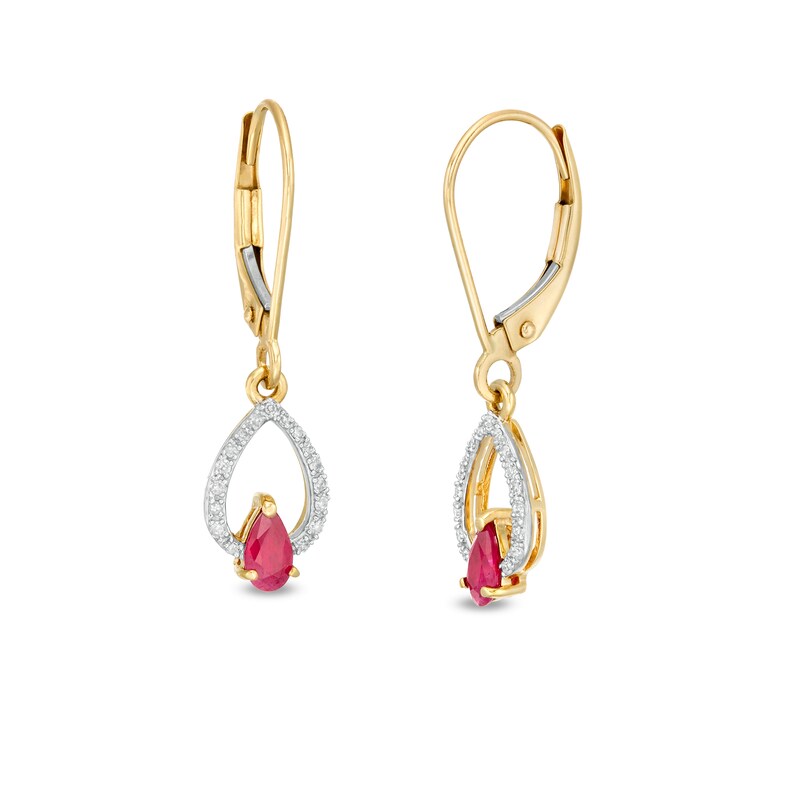 Main Image 1 of Pear-Shaped Ruby and 1/15 CT. T.W. Diamond Double Teardrop Earrings in 10K Gold
