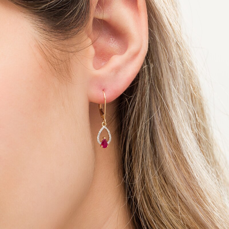 Pear-Shaped Ruby and 1/15 CT. T.W. Diamond Double Teardrop Earrings in 10K Gold