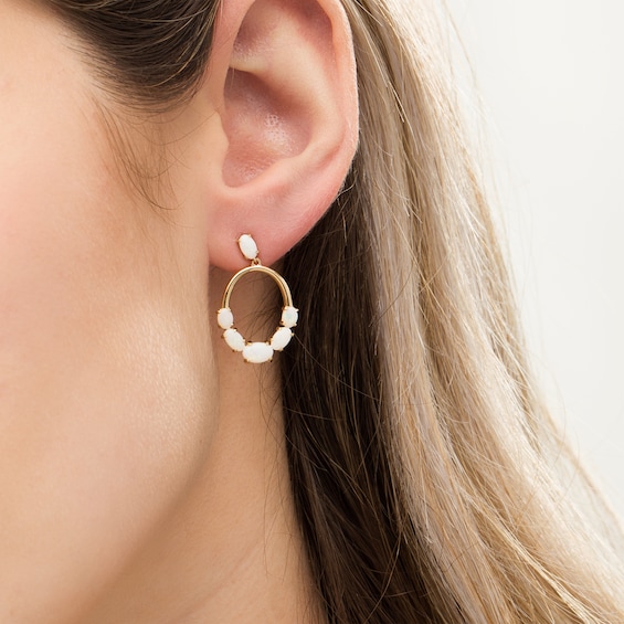 Oval Opal Graduated Five Stone Open Oval Drop Earrings in 10K Gold