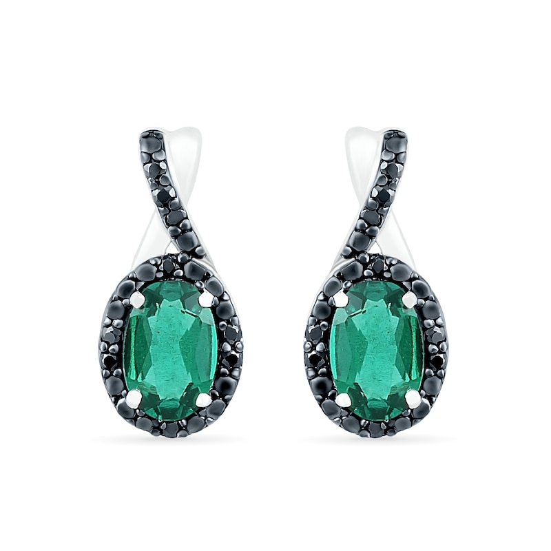Oval Lab-Created Emerald and 1/10 CT. T.W. Black Enhanced Diamond Frame Twist Drop Earrings in Sterling Silver