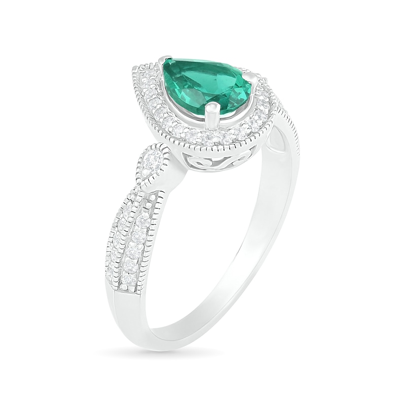 Pear-Shaped Lab-Created Emerald and White Sapphire Frame Double Row Tapered Shank Vintage-Style Ring in Sterling Silver