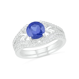 7.0mm Lab-Created Blue and White Sapphire Geometric Pointed Split Shank Bridal Set in Sterling Silver