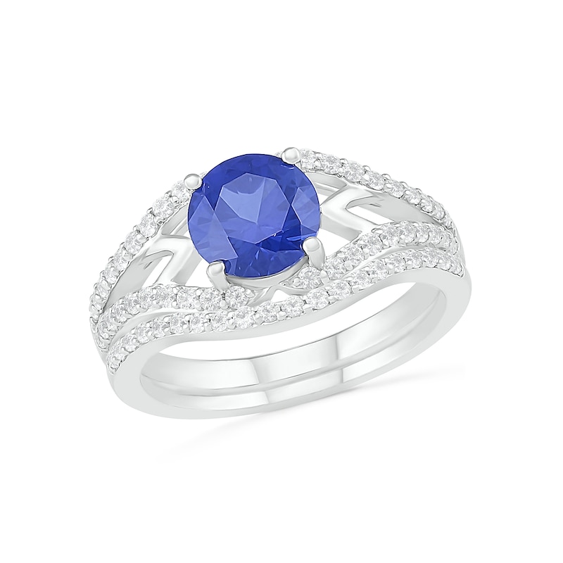Main Image 1 of 7.0mm Lab-Created Blue and White Sapphire Geometric Pointed Split Shank Bridal Set in Sterling Silver