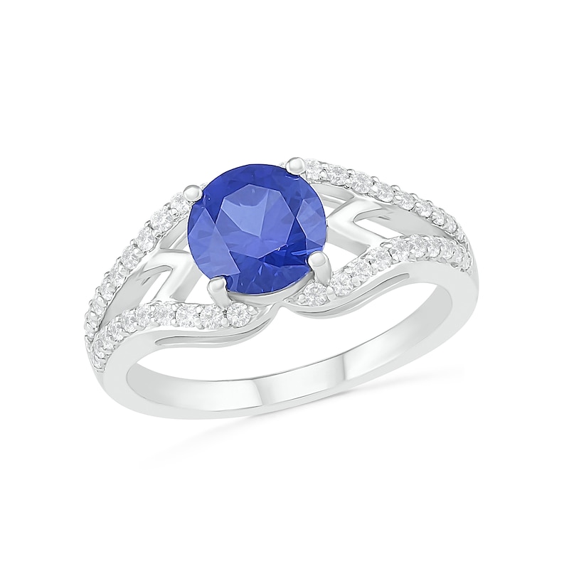 Main Image 4 of 7.0mm Lab-Created Blue and White Sapphire Geometric Pointed Split Shank Bridal Set in Sterling Silver