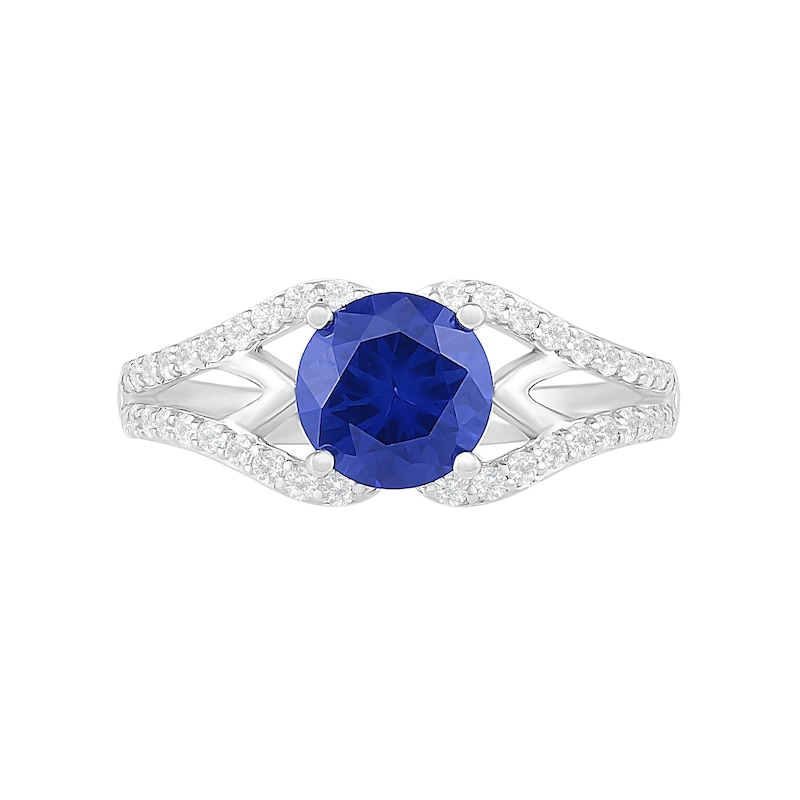 Main Image 5 of 7.0mm Lab-Created Blue and White Sapphire Geometric Pointed Split Shank Bridal Set in Sterling Silver