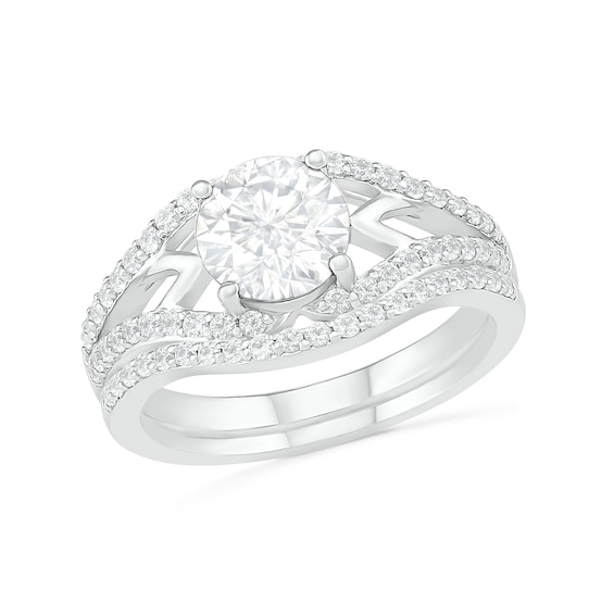 7.0mm White Lab-Created Sapphire Geometric Pointed Split Shank Bridal Set in Sterling Silver