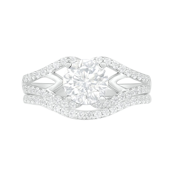 7.0mm White Lab-Created Sapphire Geometric Pointed Split Shank Bridal Set in Sterling Silver