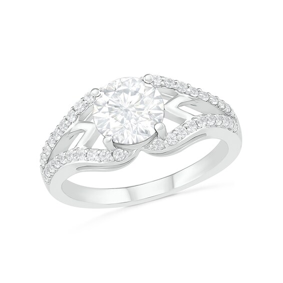 7.0mm White Lab-Created Sapphire Geometric Pointed Split Shank Bridal Set in Sterling Silver