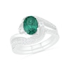 Thumbnail Image 0 of Oval Lab-Created Emerald and White Sapphire Side Accent Double Bypass Split Shank Bridal Set in Sterling Silver