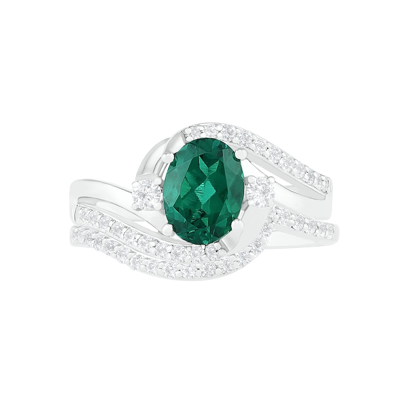 Oval Lab-Created Emerald and White Sapphire Side Accent Double Bypass ...