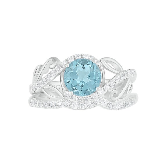 7.0mm Aquamarine and 3/8 CT. T.w. Diamond Bypass Leaf Shank Bridal Set in 10K White Gold