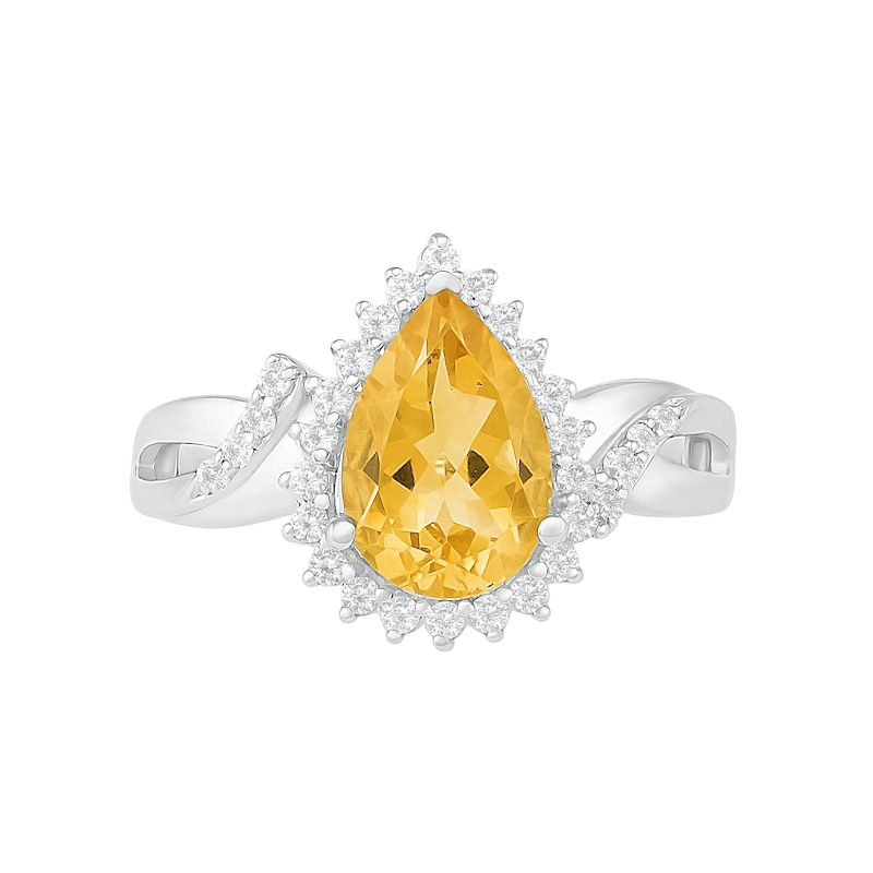 Pear-Shaped Citrine and White Lab-Created Sapphire Starburst Frame Twist Split Shank Ring in Sterling Silver