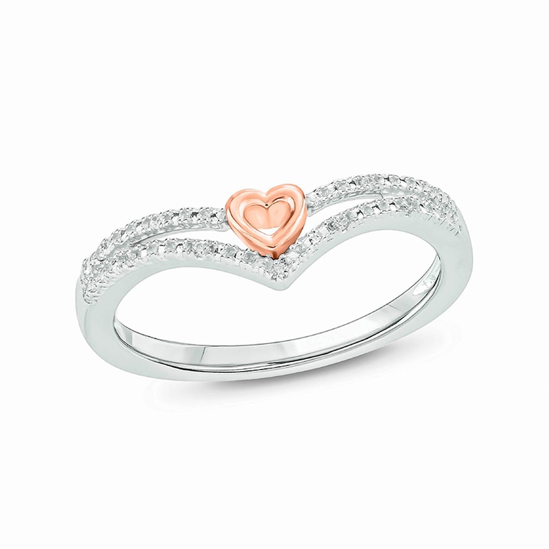 Main Image 1 of Diamond Accent Heart Chevron Ring in Sterling Silver and 10K Rose Gold