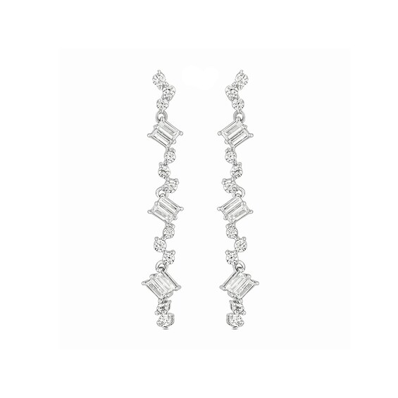 3/8 CT. T.W. Baguette and Round Diamond Scattered Vertical Drop Earrings in 10K White Gold 3/8 CT. T.W. Baguette and Round Diamond Scattered Vertical Drop Earrings in 10K White Gold