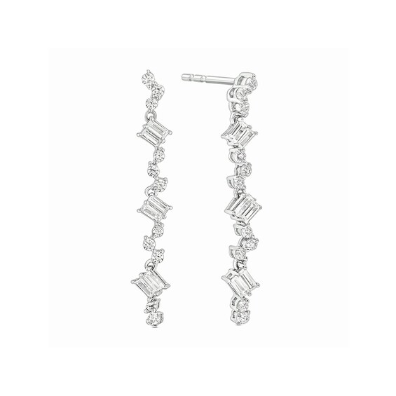 3/8 CT. T.W. Baguette and Round Diamond Scattered Vertical Drop Earrings in 10K White Gold 3/8 CT. T.W. Baguette and Round Diamond Scattered Vertical Drop Earrings in 10K White Gold