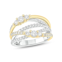 1 CT. T.W. Diamond Multi-Row Crossover Split Shank Ring in 10K Two-Tone Gold
