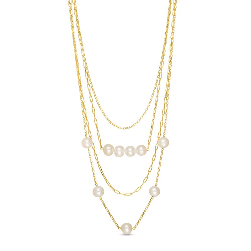 Main Image 1 of 8.0-9.0mm Freshwater Cultured Pearl Cable and Rolo Chain Multi-Strand Necklace in Sterling Silver with 18K Gold Plate