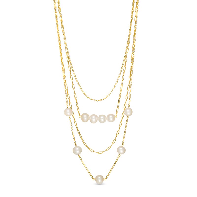 8.0-9.0mm Cultured Freshwater Pearl Cable and Rolo Chain Multi-Strand Necklace in Sterling Silver with 18K Gold Plate