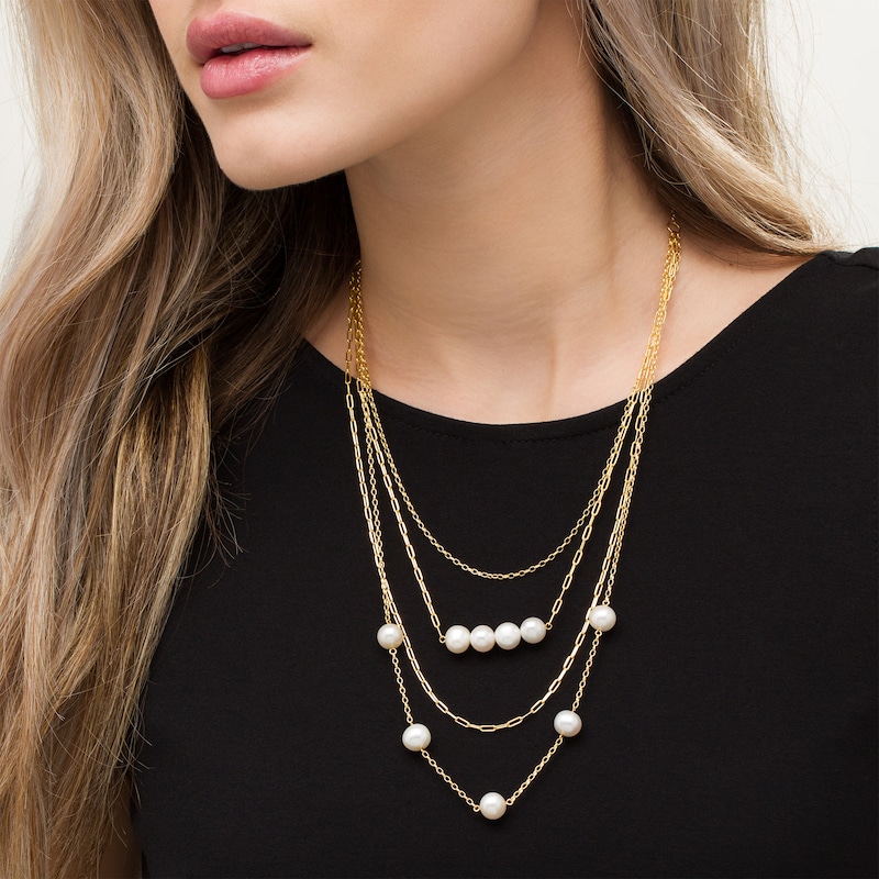 Main Image 2 of 8.0-9.0mm Freshwater Cultured Pearl Cable and Rolo Chain Multi-Strand Necklace in Sterling Silver with 18K Gold Plate