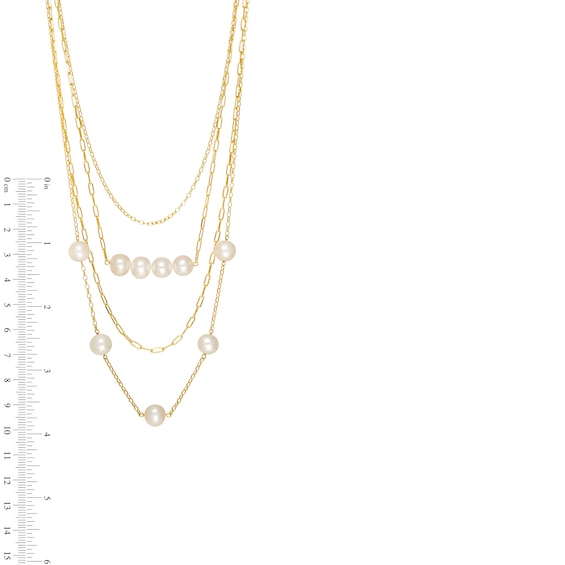 8.0-9.0mm Freshwater Cultured Pearl Cable and Rolo Chain Multi-Strand Necklace in Sterling Silver with 18K Gold Plate