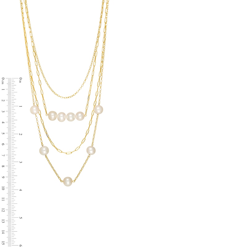 8.0-9.0mm Cultured Freshwater Pearl Cable and Rolo Chain Multi-Strand Necklace in Sterling Silver with 18K Gold Plate