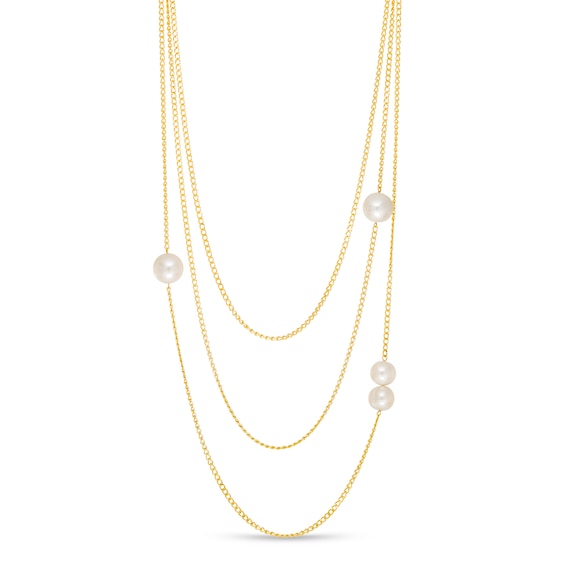 9.0-12.0mm Freshwater Cultured Pearl Off-Set Orbit Triple Strand Necklace in Sterling Silver with 18K Gold Plate-26"
