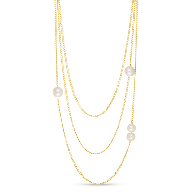 Main Image 1 of 9.0-12.0mm Freshwater Cultured Pearl Off-Set Orbit Triple Strand Necklace in Sterling Silver with 18K Gold Plate-26"