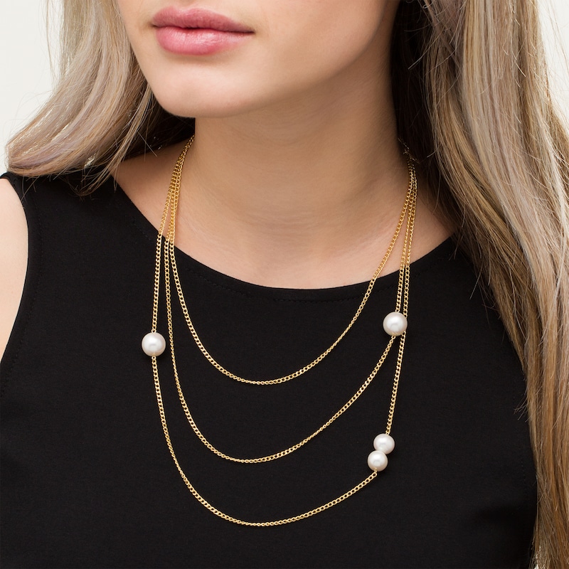 Main Image 2 of 9.0-12.0mm Freshwater Cultured Pearl Off-Set Orbit Triple Strand Necklace in Sterling Silver with 18K Gold Plate-26"